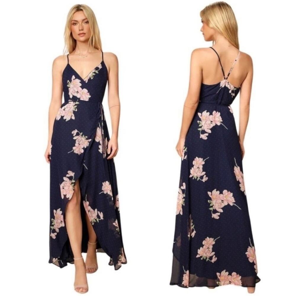 🚨NEW LULUS Loiselle Blue Floral Polka Dot Wrap Maxi Dress Wedding Prom Size S